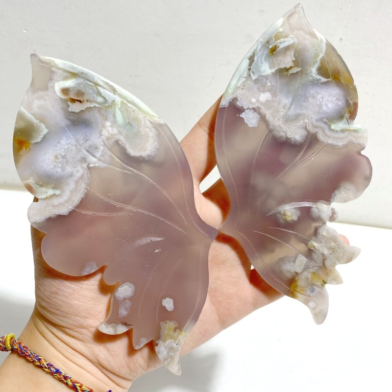 Beautiful Green Sakura Flower Agate Butterfly Wing Carving With Stand -Wholesale Crystals
