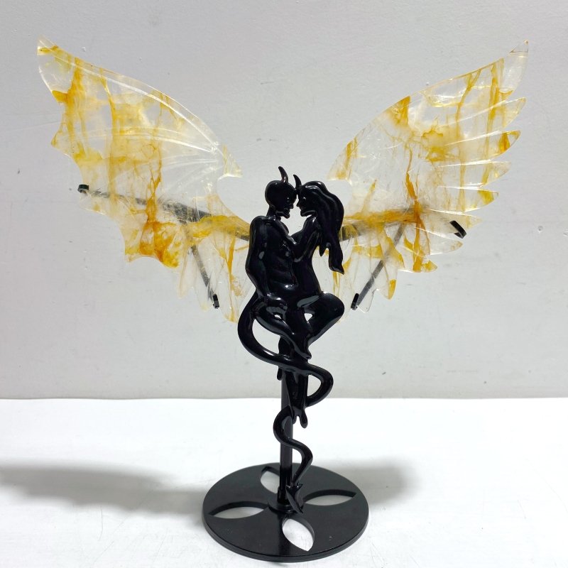 Beautiful Hematoid Quartz Golden Fire Quartz Demon And Angel Wing Carving With Stand - Wholesale Crystals