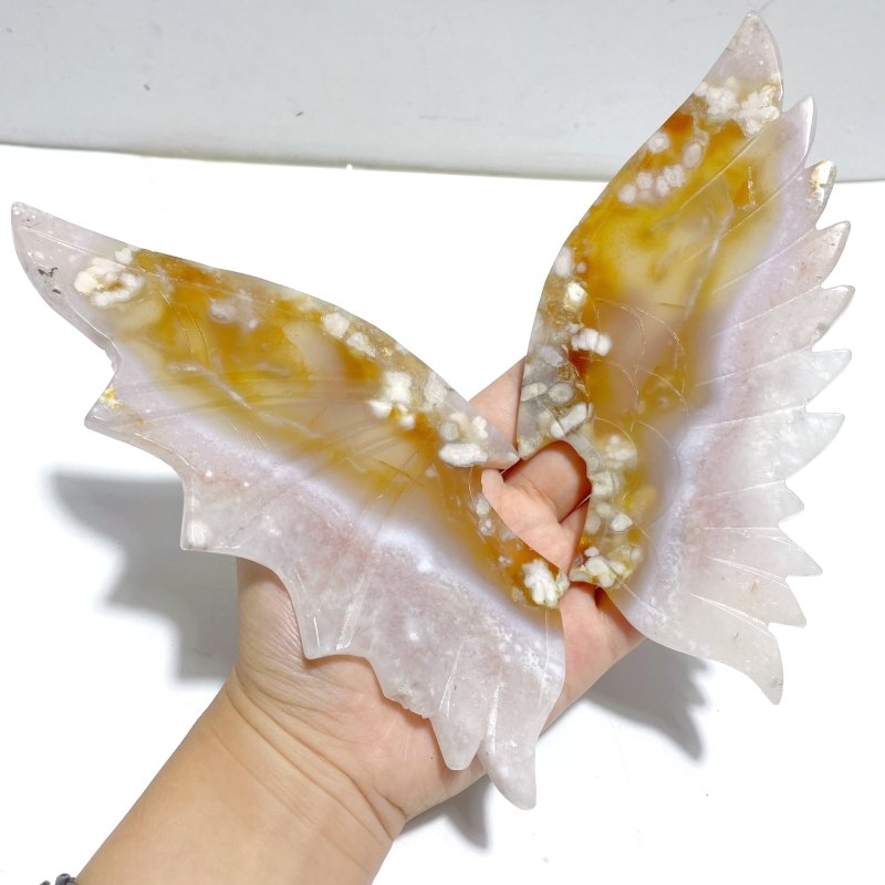 Beautiful Sakura Flower Agate Demon And Angel Wing Carving With Stand - Wholesale Crystals