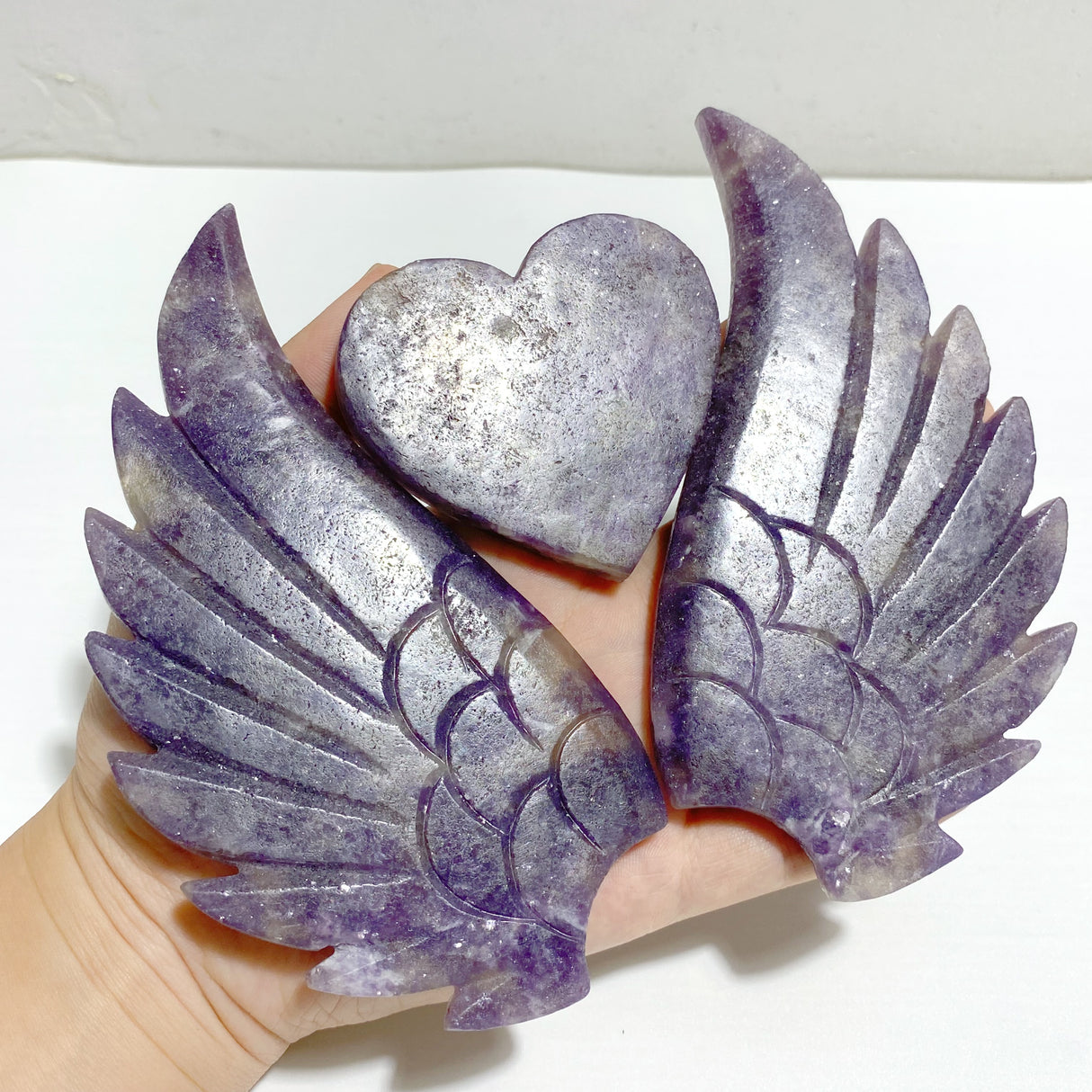 Lepidolite Mixed Quartz Heart Wing Carving With Stand