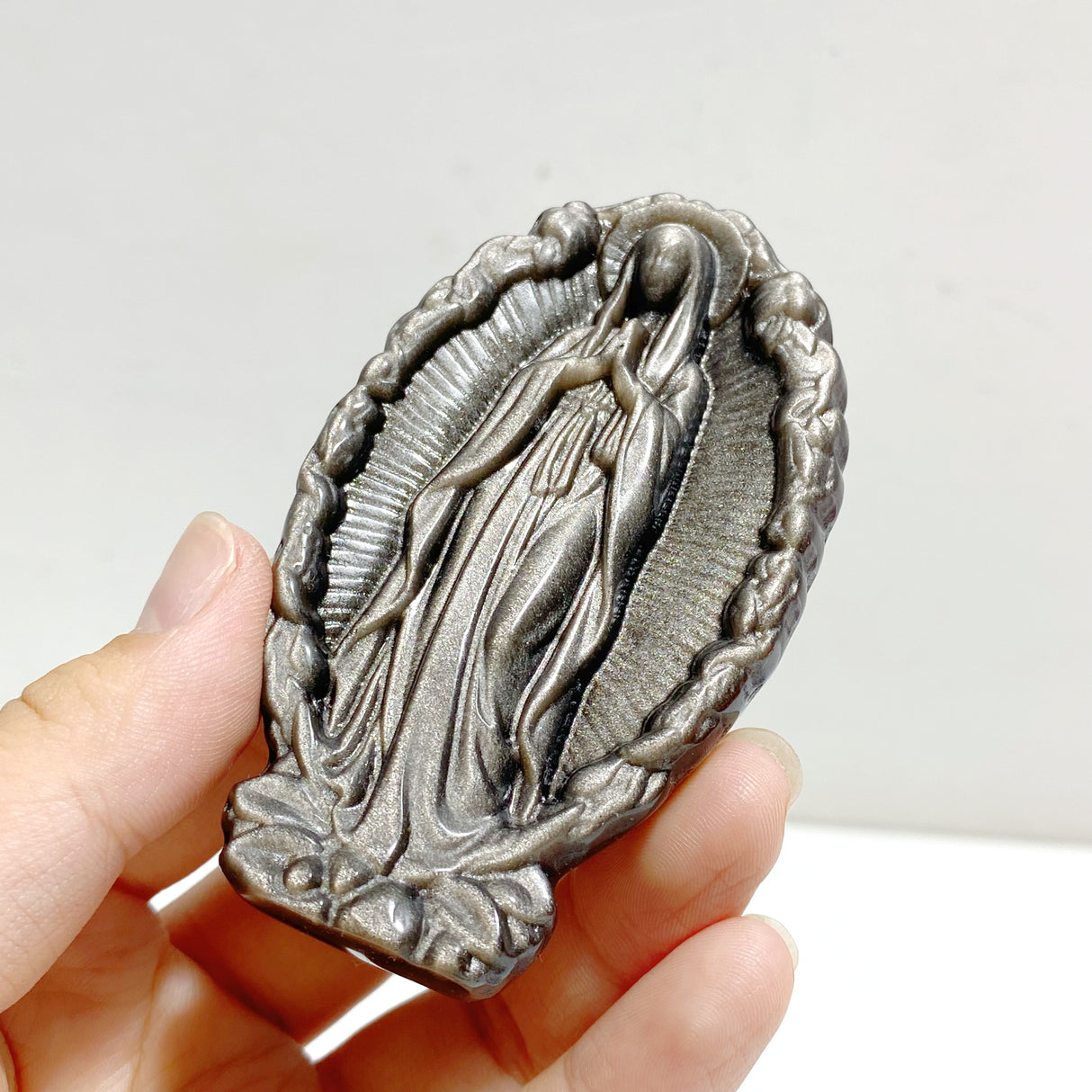 Silver Sheen Obsidian Virgin Mary Carving Wholesale