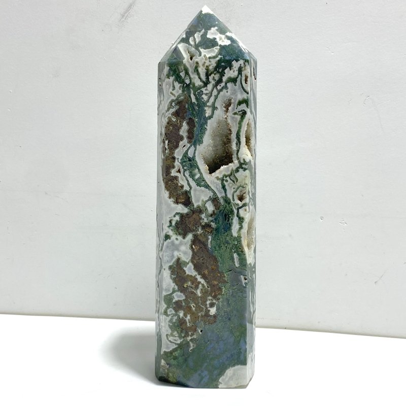 Large Druzy Moss Agate Geode Four - Sided Point - Wholesale Crystals