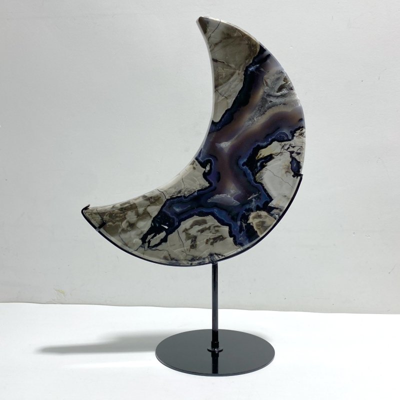 Large Geode Druzy Volcano Agate Moon Carving With Stand(UV - Reactive) 2 - Wholesale Crystals