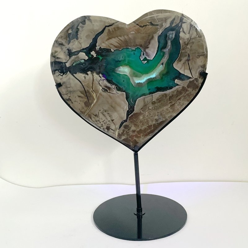 Large Volcano Agate Heart With Stand (UV - Reactive) - Wholesale Crystals