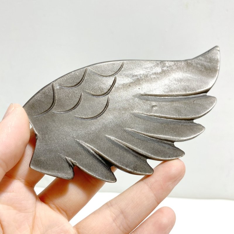 Silver Sheen Obsidian Heart Wing Carving With Stand -Wholesale Crystals