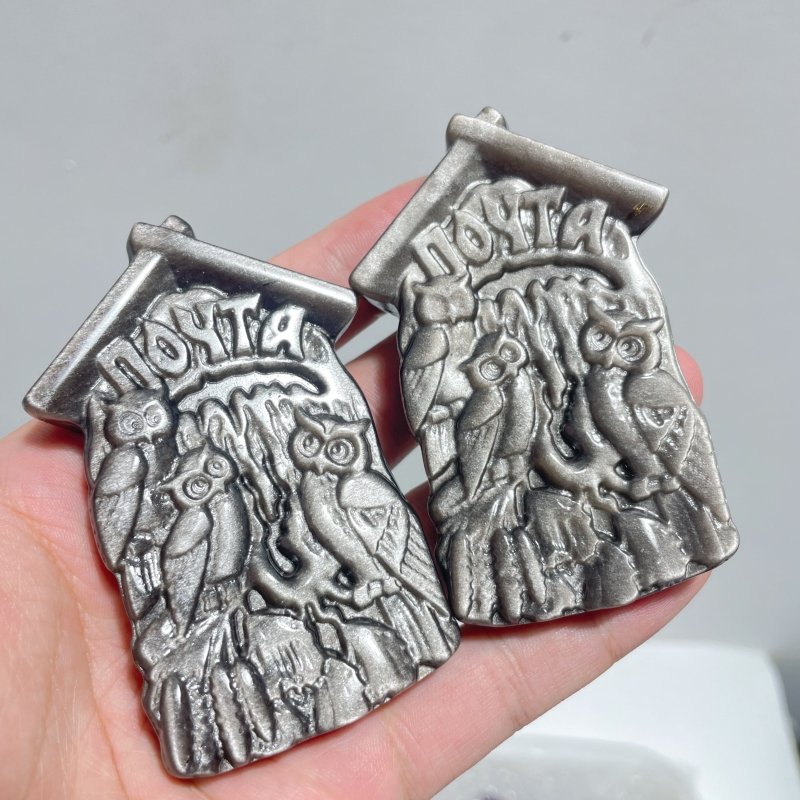Silver Sheen Obsidian Owl Haunted House Carving Wholesale - Wholesale Crystals