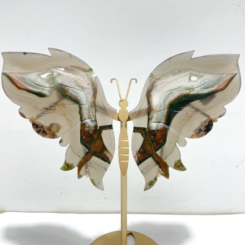Stripe Agate Symmetry Butterfly Wing Carving With Stand - Wholesale Crystals