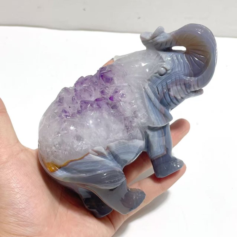 Unique Amethyst Mixed Geode Druzy Agate Elephant Animal Carving A12 - Wholesale Crystals