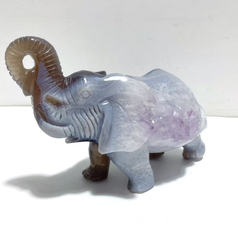 Unique Amethyst Mixed Geode Druzy Agate Elephant Animal Carving A18 - Wholesale Crystals