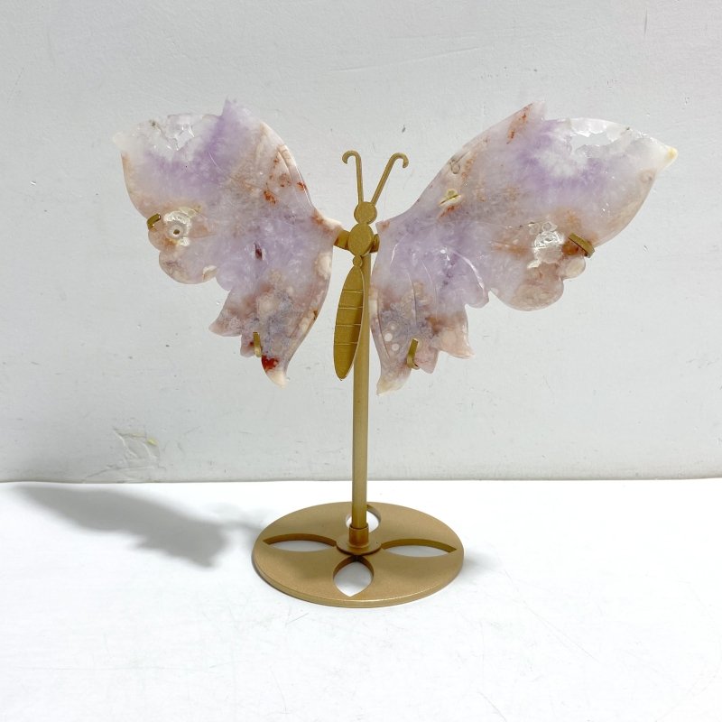 Unique Amethyst Mixed Sakura Flower Agate Butterfly Wing Carving With Stand - Wholesale Crystals