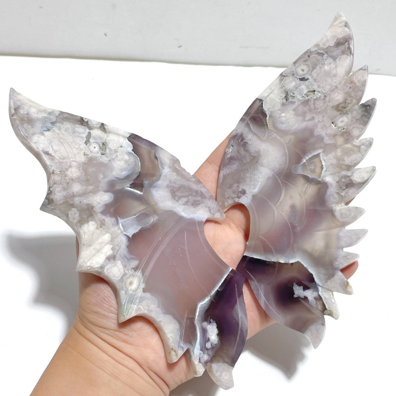 Unique Black Sakura Flower Agate Demon and Angel Wing Carving With Stand - Wholesale Crystals