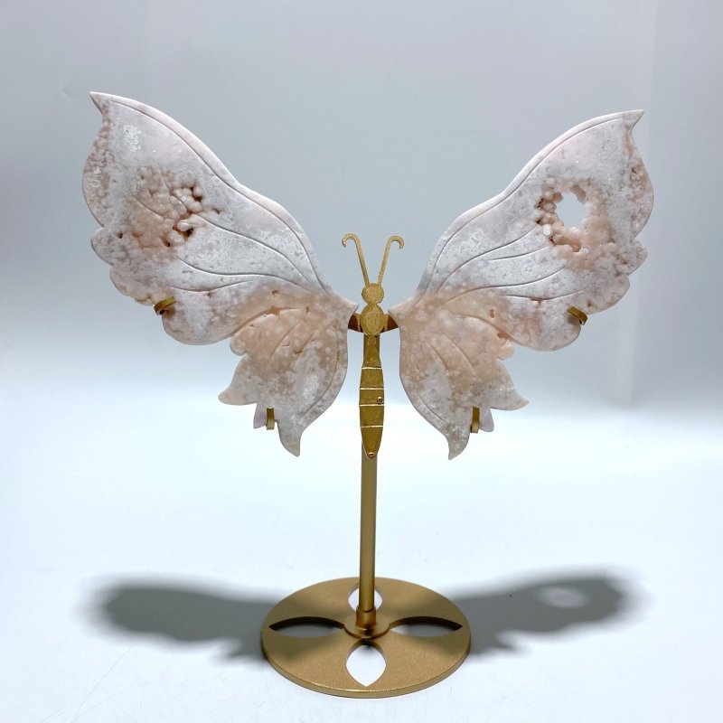 Unique Geode Sakura Flower Agate Butterfly Wing Carving With Stand - Wholesale Crystals