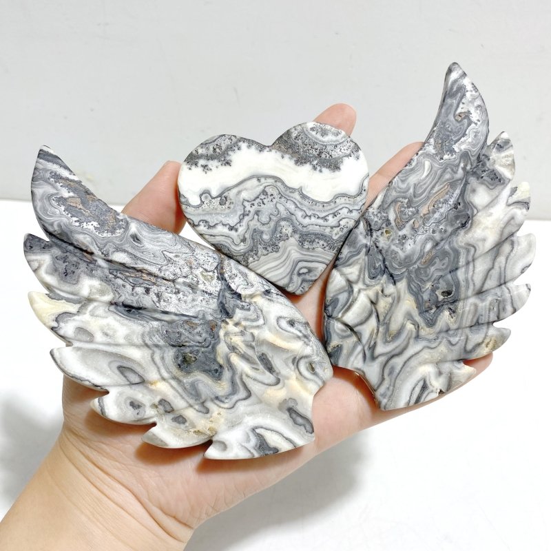 Unique Gray Blue Agate Heart Wing Carving With Stand - Wholesale Crystals