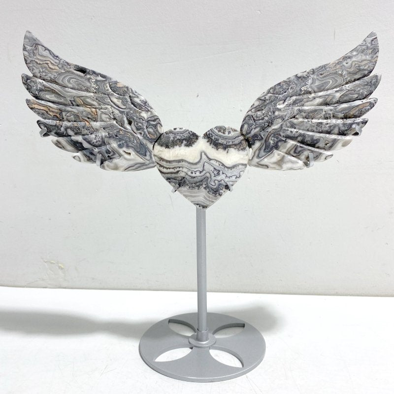 Unique Gray Lace Agate Heart Wing Carving With Stand - Wholesale Crystals