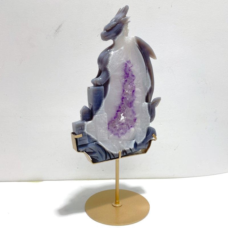 Unique Large Amethyst Mixed Geode Druzy Agate Flying Dragon Castle Carving With Stand - Wholesale Crystals
