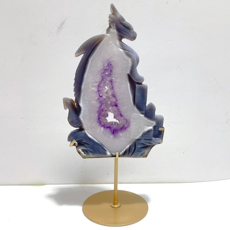 Unique Large Amethyst Mixed Geode Druzy Agate Flying Dragon Castle Carving With Stand - Wholesale Crystals