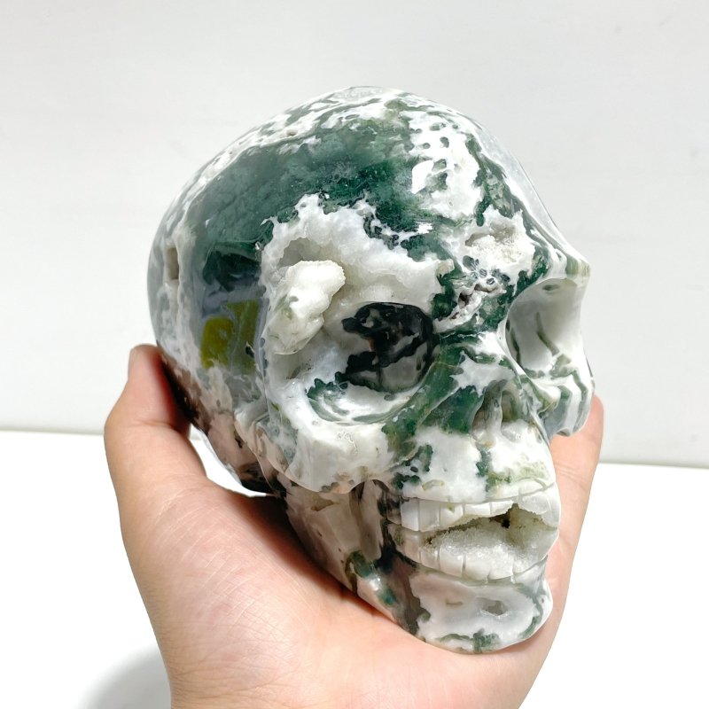 Unique Large Geode Druzy Moss Agate Skull Carving - Wholesale Crystals