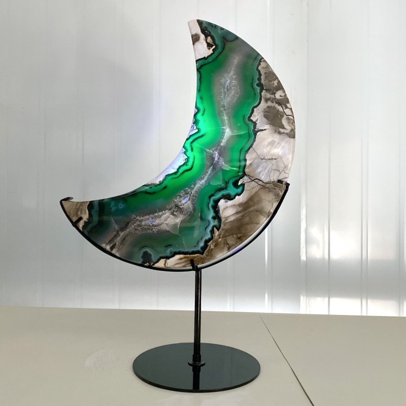 Unique Large Geode Druzy Volcano Agate Moon Carving With Stand(UV - Reactive) 5 - Wholesale Crystals
