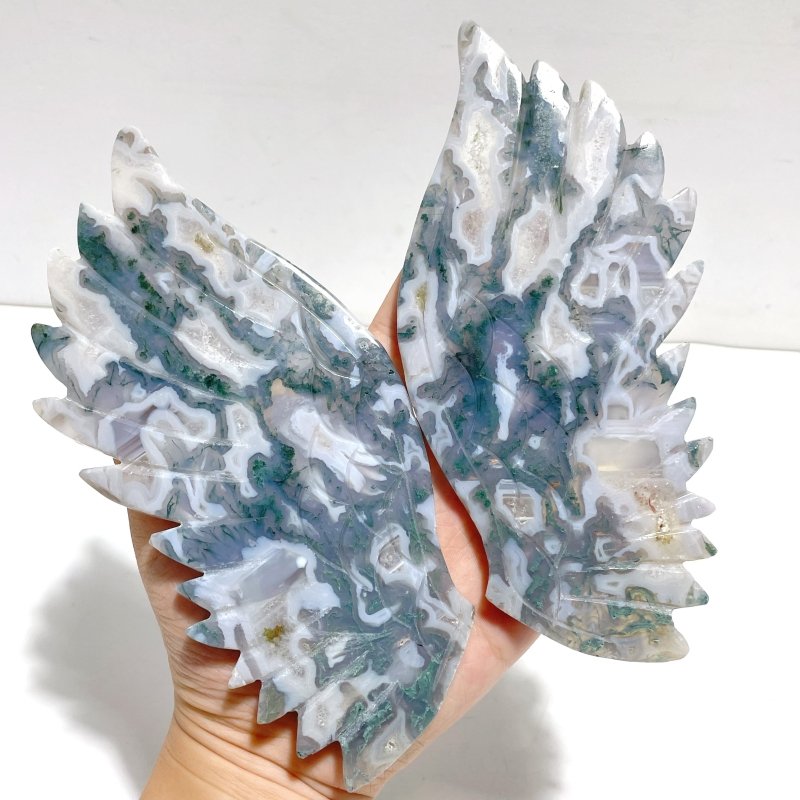 Unique Moss Agate Eagle Wing Carving With Stand - Wholesale Crystals