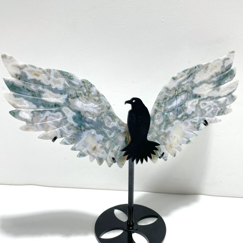 Unique Moss Agate Eagle Wing Carving With Stand - Wholesale Crystals