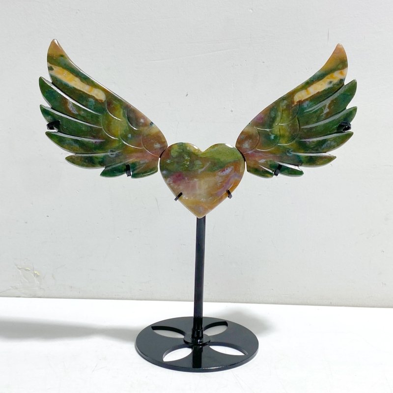 Unique Ocean Jasper Heart Wing Carving With Stand - Wholesale Crystals