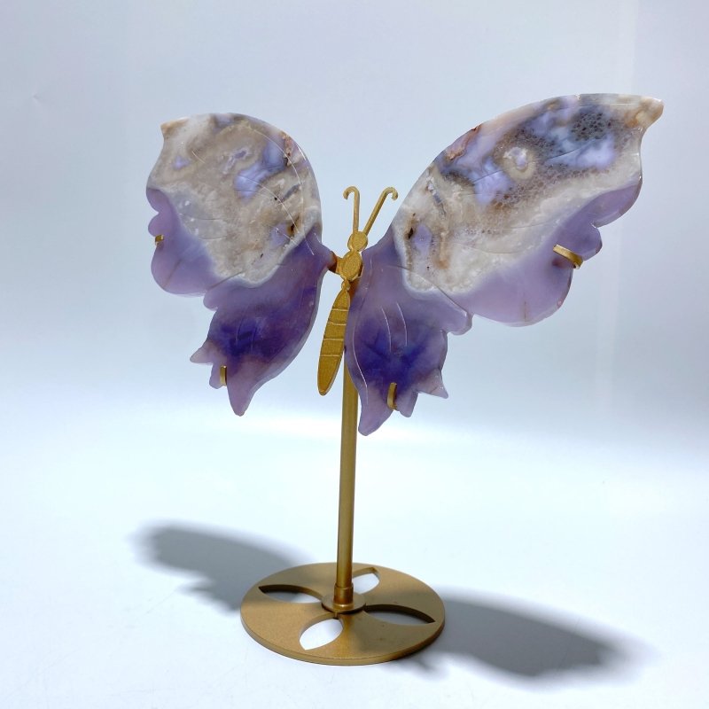 Unique Purple Sakura Flower Agate Butterfly Wing Carving With Stand - Wholesale Crystals