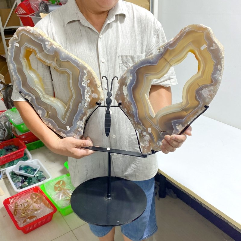 Very Large Beautiful Geode Druzy Sakura Flower Agate Butterfly Wing Carving With Stand 1 (Sea Freight Only) -Wholesale Crystals