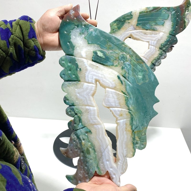 Very Large Geode Druzy Moss Agate Butterfly Wing Carving With Stand - Wholesale Crystals