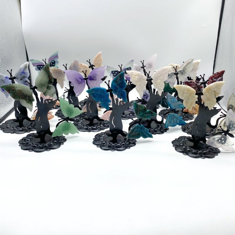 Wholesale Crystal Butterfly Wing Carving with Cat Metal Stand (Mixed Materials) -Wholesale Crystals