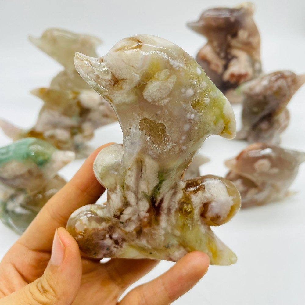 9 Pieces Sakura Flower Agate Dolphin Carving -Wholesale Crystals