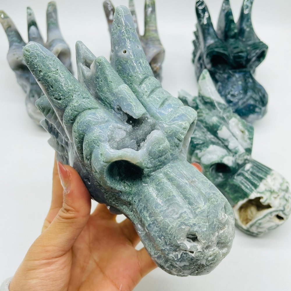 5 Pieces High Quality Geode Moss Agate Dragon Head Carving -Wholesale Crystals