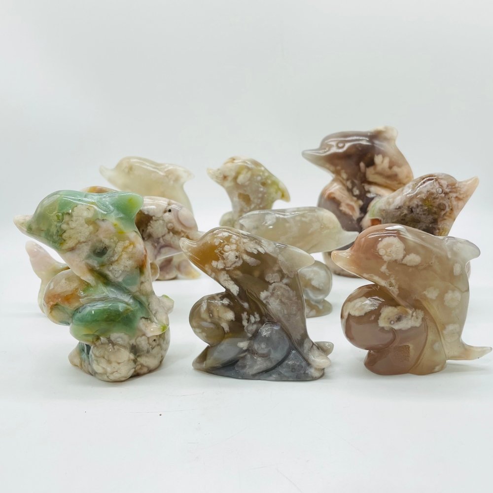 9 Pieces Sakura Flower Agate Dolphin Carving -Wholesale Crystals