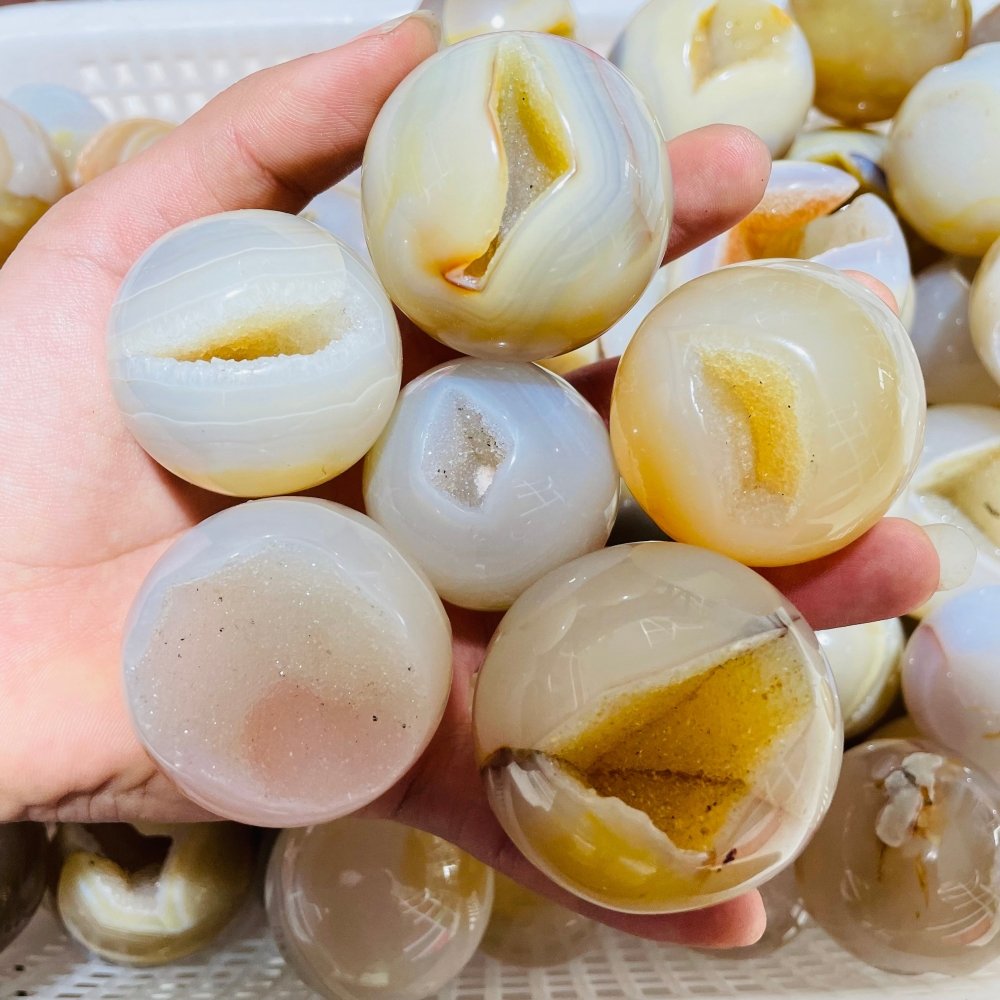Beautiful Yellow Druzy Agate Geode Smile Open Mouth Agate Sphere Ball Wholesale -Wholesale Crystals