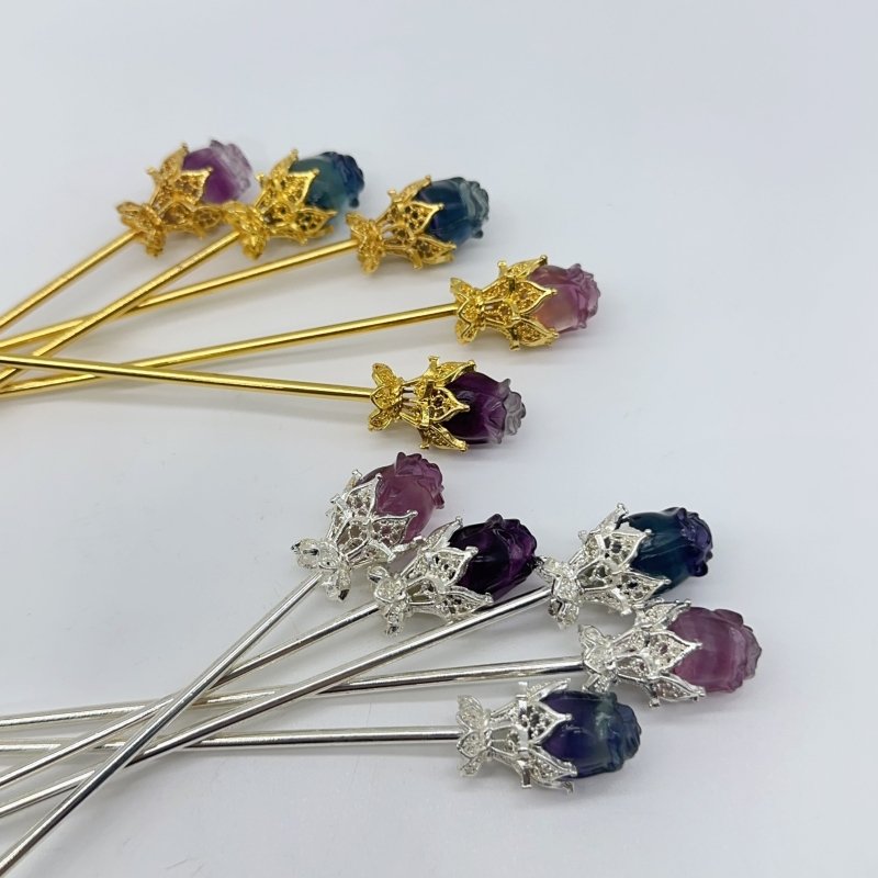 Rainbow Fluorite Rose Flower Hairpin Carving Wholesale -Wholesale Crystals