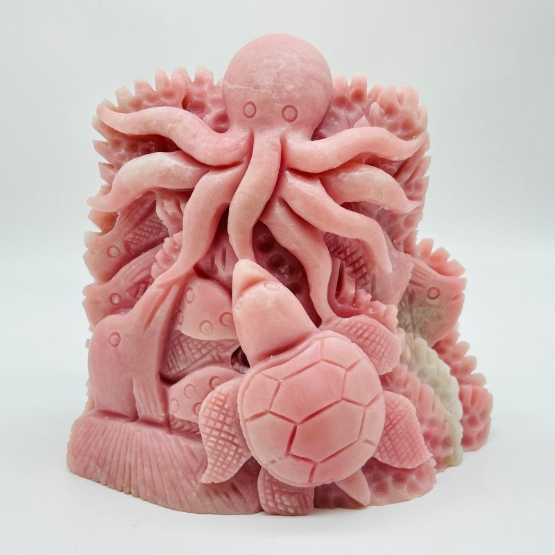 Unique Pink Opal Underwater World Octopus Sea Turtle WIth Dolphin Carving -Wholesale Crystals