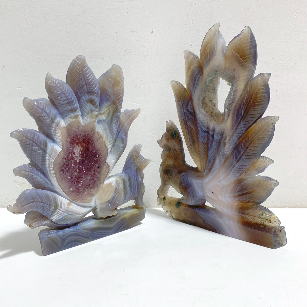 2 Pieces Geode Agate Druzy Nine-tailed Fox Carving #17
