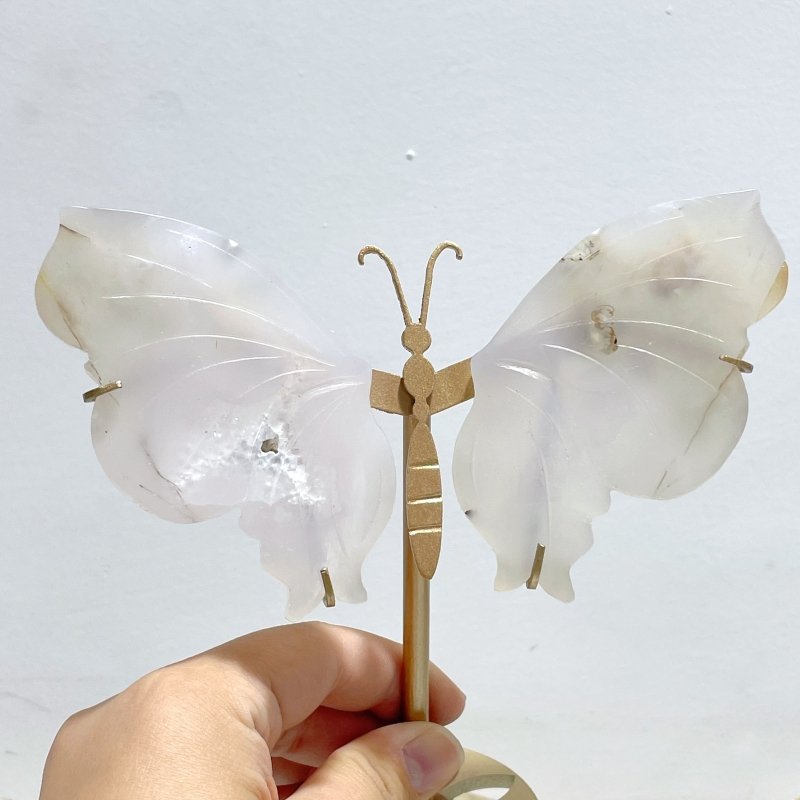 10 Pairs Small Sakura Flower Agate Butterfly Wing Carving With Stand - Wholesale Crystals