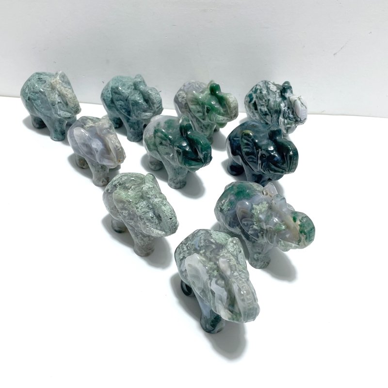 10 Pieces Beautiful Moss Agate Elephant Carving - Wholesale Crystals