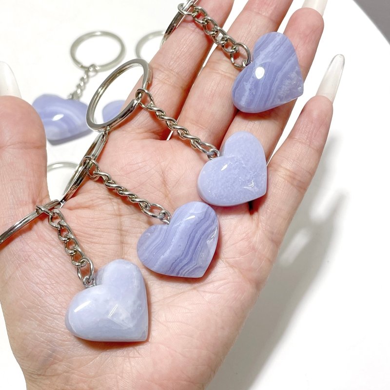 10 Pieces Blue Lace Agate Heart Keychain - Wholesale Crystals