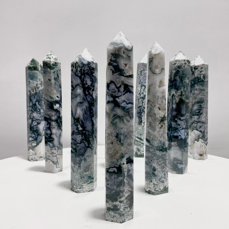 10 Pieces Geode Moss Agate Tower Points 25cm - Wholesale Crystals