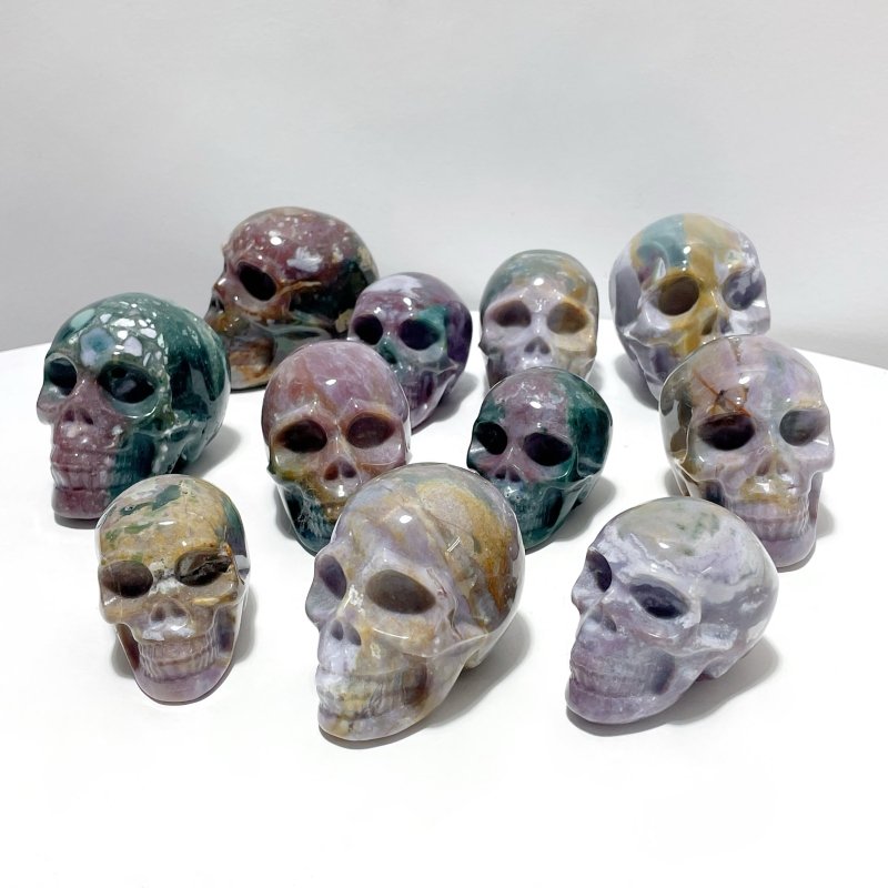 11 Pieces Colorful Ocean Jasper Skull Carving - Wholesale Crystals