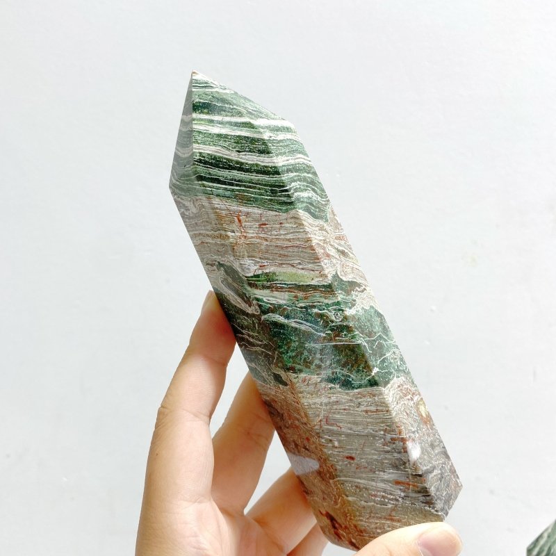 11 Pieces Green Stripe Jasper Point 1 - Wholesale Crystals