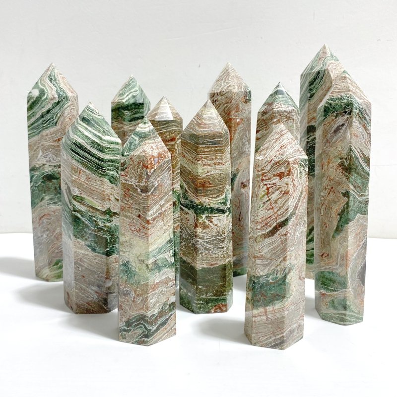 11 Pieces Green Stripe Jasper Point 1 - Wholesale Crystals