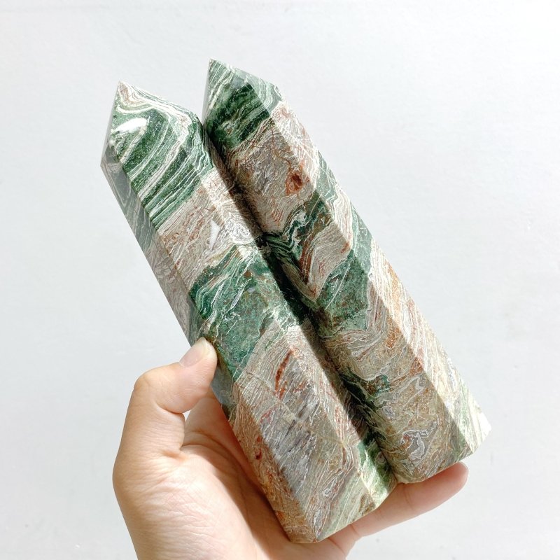 11 Pieces Green Stripe Jasper Point 1 - Wholesale Crystals
