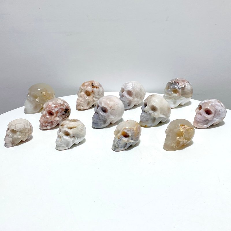 12 Pieces Sakura Agate Skull Carving - Wholesale Crystals