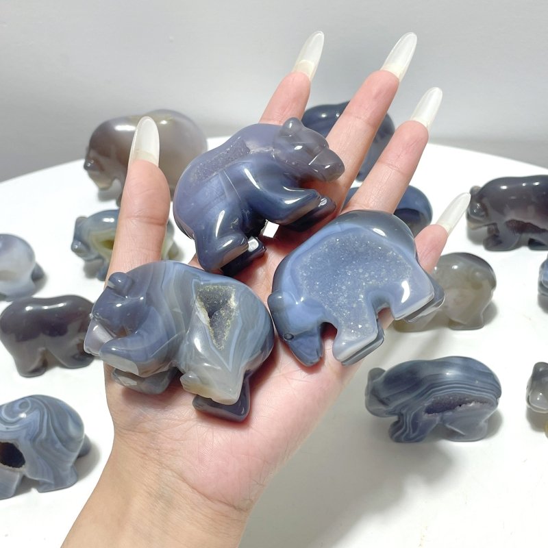 15 Pieces Beautiful Geode Druzy Agate Bear Carving - Wholesale Crystals