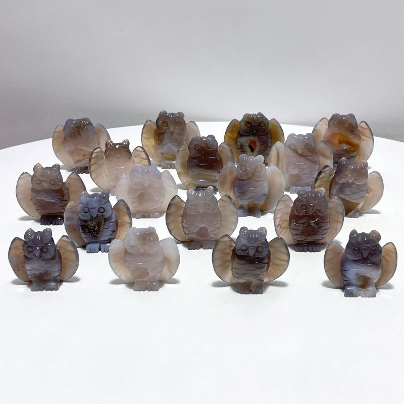 18 Pieces Geode Druzy Agate Owl Carving - Wholesale Crystals