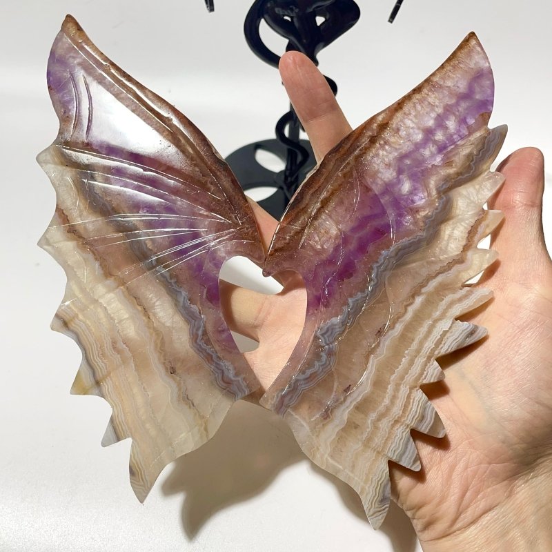 2 Pairs Amethyst Mixed Striped Agate Demon And Angel Wing Carving With Stand -Wholesale Crystals