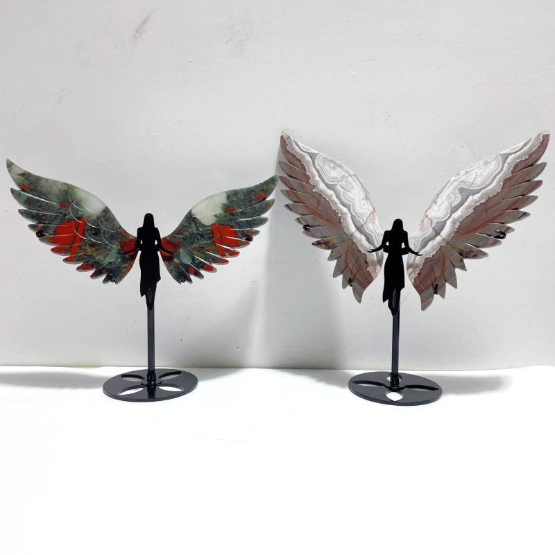 2 Pairs Angel Wing Carving With Stand Africa Blood Stone Morocco Agate - Wholesale Crystals