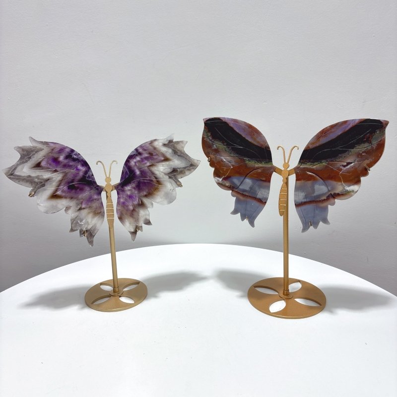 2 Pairs Butterfly Wing Carving With Stand Ocean Jasper Chevron Amethyst - Wholesale Crystals